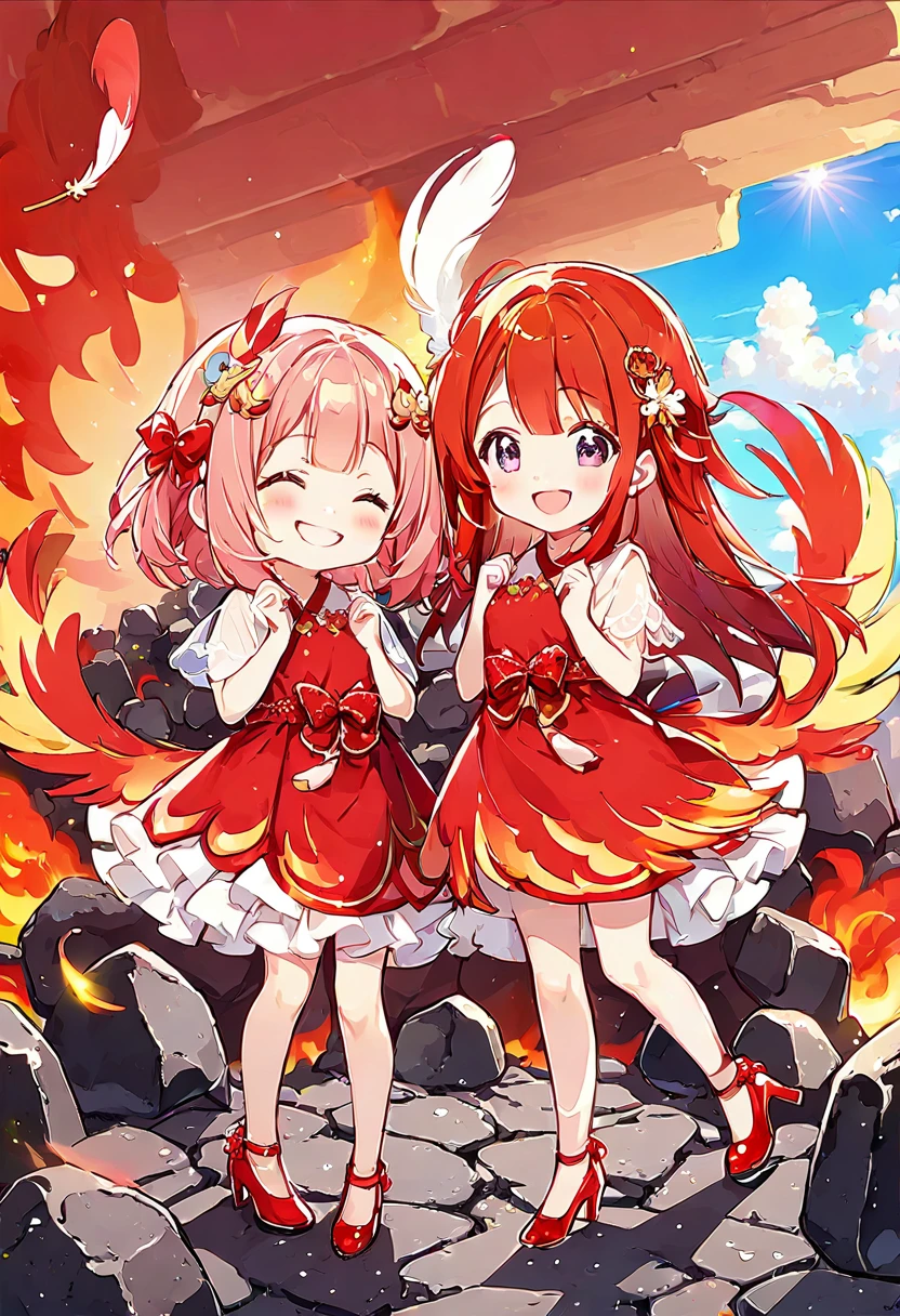 Highest quality、High resolution、Detailed Background、Beautiful face in every detail、Anatomically correct、Detailed facial expressions、fine grain、((full body, from below:1.5, looking viewer:1.2)), break ((One Girl:1.5)、((Chibi Girl:1.5)))、Bright pretty pink hair color、Big beautiful blue eyes、Fuller lips、Pink Lips、Braided twintails、Ahoge、break ((Phoenix and friends:1.5))、(Cute shiny red satin dress、Cute heels、Cute hair accessories)、break Phoenix and the girl stand close together:1.5、(Big smile、Happy expression)、break ((The background is volcanic rocks、Plume、Daytime、Pleasant weather))