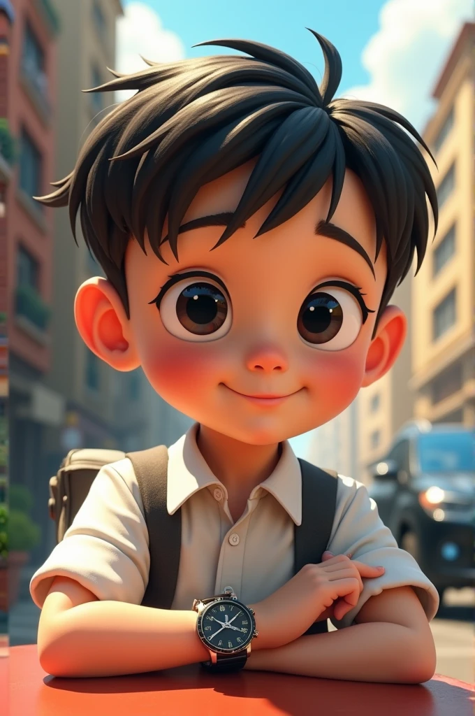 The boy should have black eyes, a car, red cheeks, white shirt, and a watch,