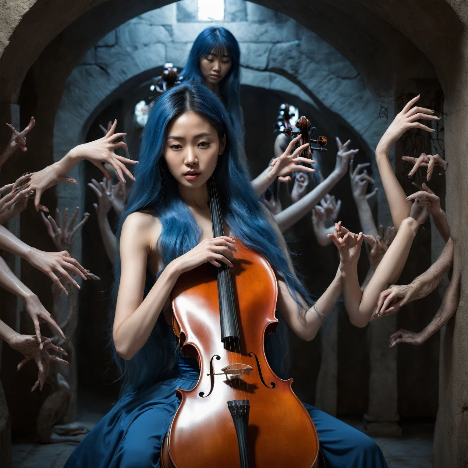 1girl, a nigerian-korean woman, aged 27, playing a cello, single cello, provocative pose, in front of a wall, wall is made of limbs, limbs and hands reaching out, hands touching her, sexy editorial studio image,spotlit, backlit, beautiful model, model is in deep thought, busty, long blue hair, detailed surreal photo