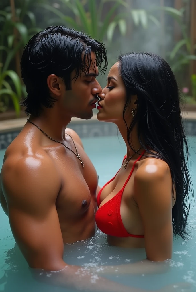 In bathroom in bathtab open-air bath, indian hot man and woman soaking up to their shoulders, eyes closed, indian hot man and woman deep kissing, black hair, red bikini, water is cloudy, high resolution, professional lighting, high precision face and Texture of skin, hair and skin drenched in sweat, close-up of face.woman alike pornstar and lips like red colour and skin feel
