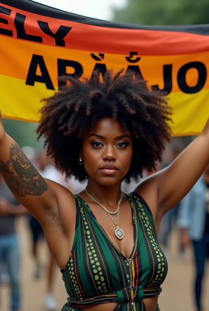 Create image of black women with natural hair holding a flag with the phrase Ely Araújo 