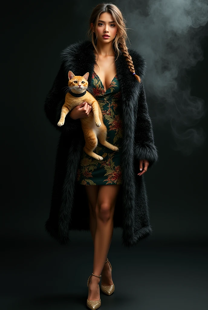 beautiful tanned japanese woman, wearing a designer fluffy black glittery fur coat, and floral (dark green, red, gold) fabric loose satin dress ((no cleavage)) ((covered boobs)), thick eyebrows, photorealistic, masterpiece, moncler, messy two braids brown highlighted hair, open coat, lips pouting, pouts, void black background with smokes and nice lighting, holding big realistic tan sphinx with black collar. golden sequin gold heels.