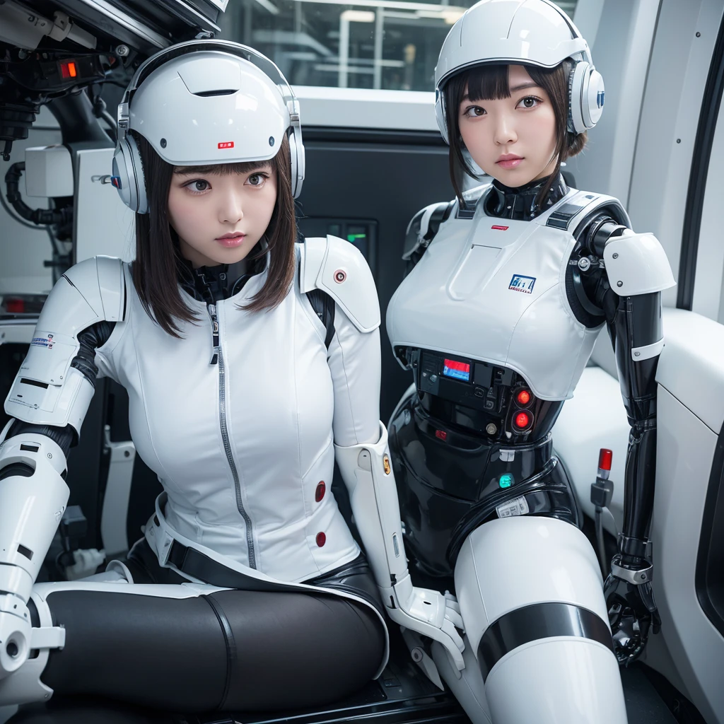 masterpiece, Highest quality, Very detailed,Portraiture, Japanese Android girl,Plump,Slightly thicker,Control panel,robot arms,robot,Android,cyborg,white robot body,Blunt bangs,robot repair plant,White and black bodysuit,cockpit,Seat belt,Helmet