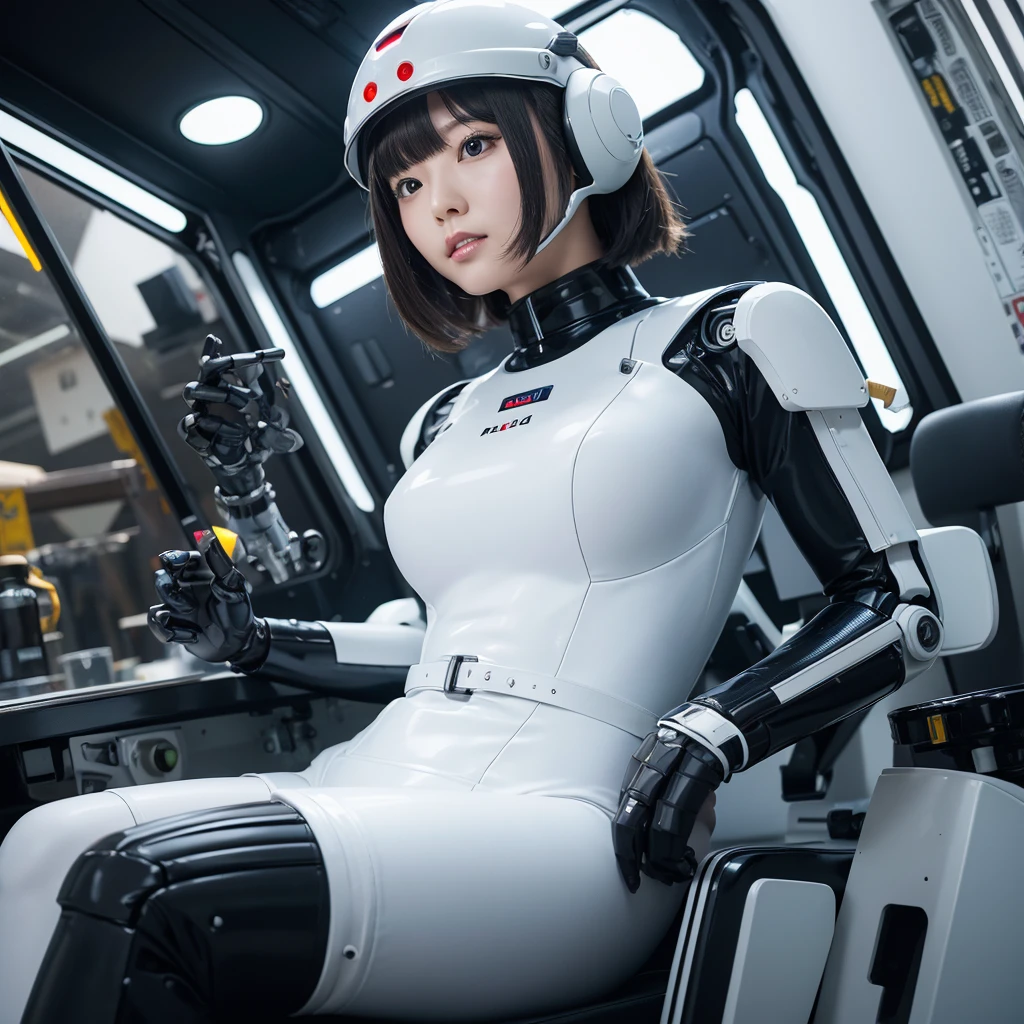 masterpiece, Highest quality, Very detailed,Portraiture, Japanese Android girl,Plump,Slightly thicker,Control panel,robot arms,robot,Android,cyborg,white robot body,Blunt bangs,robot repair plant,White and black bodysuit,cockpit,Seat belt,Helmet