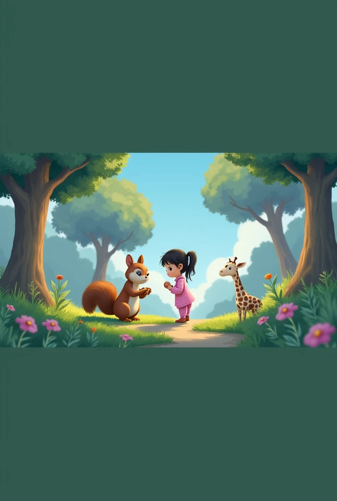 Sad squirrel with nut sits with little cartoon girl in pink pajamas and giraffe