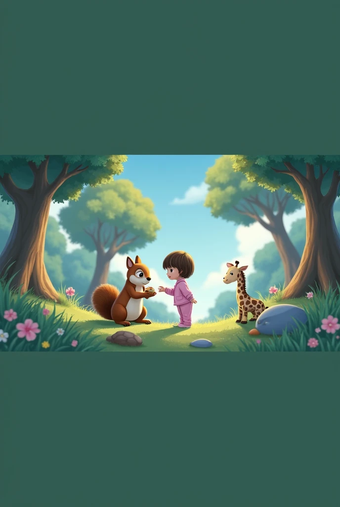 Sad squirrel with nut sits with little cartoon girl in pink pajamas and giraffe