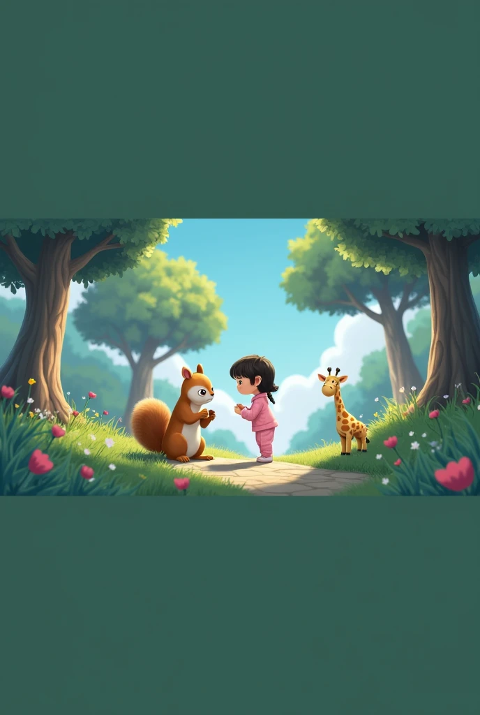 Sad squirrel with nut sits with little cartoon girl in pink pajamas and giraffe