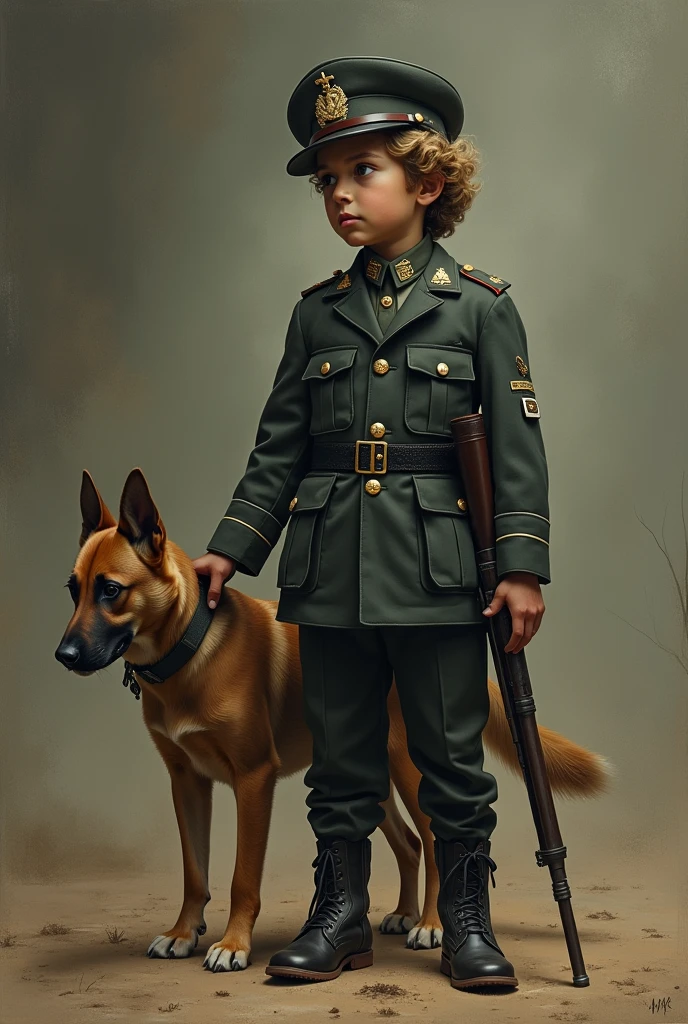 Beautiful wearing military suit holding gun in hand and dog