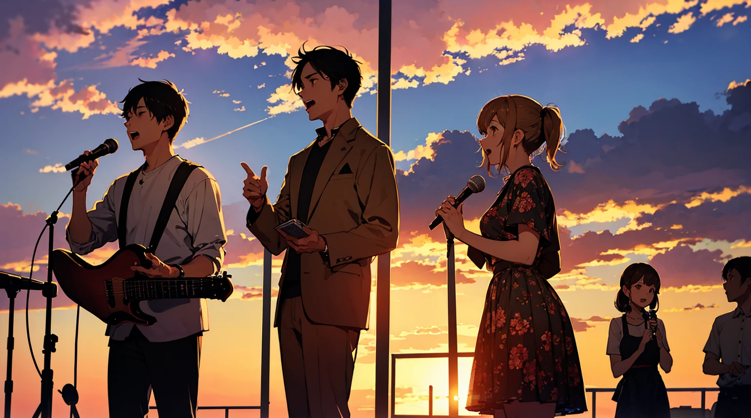 Men and women singing with microphones。Under the sunset