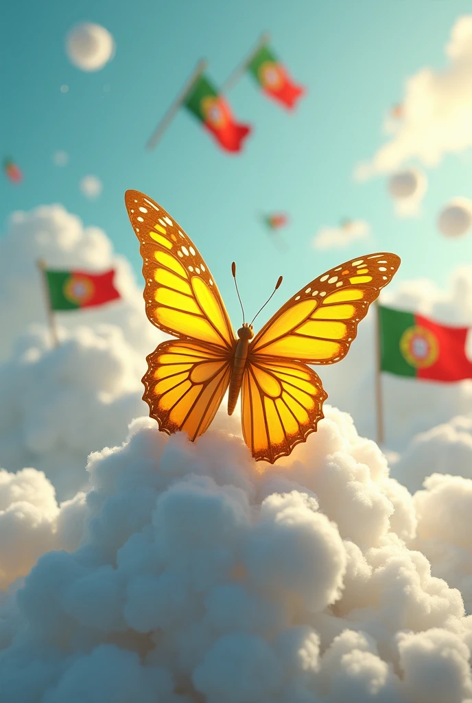A 3d render of a colorful yellow butterflies.   I want in the center of the image a butterfly with yellow on a cloud covered with the flags of Portugal and on the cloud only the first name "Sonny" on the left and not in the cloud I want the first name on the left "lya" on the right first name “Julian” and at the bottom the first name “Fanny”. I want everything to be realistic, I want a realistic 2d 3d effect a touch of surrealism in a background.