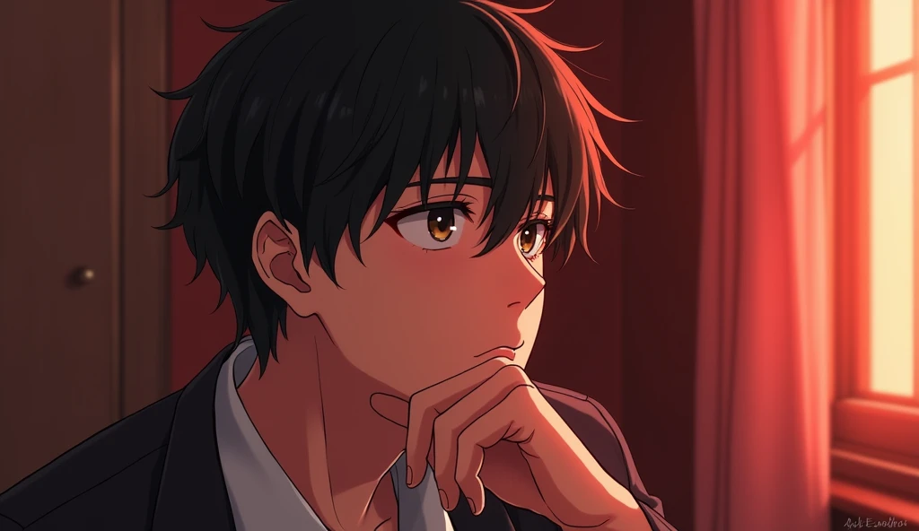 A Japanese male college student wearing fashionable clothes is looking out the window with a calm expression, resting his chin on his hand,Excited, Photo of your face, In a red room, with a natural look, With a slightly tired look, tilt your face a little, Diagonal orientation, Average face