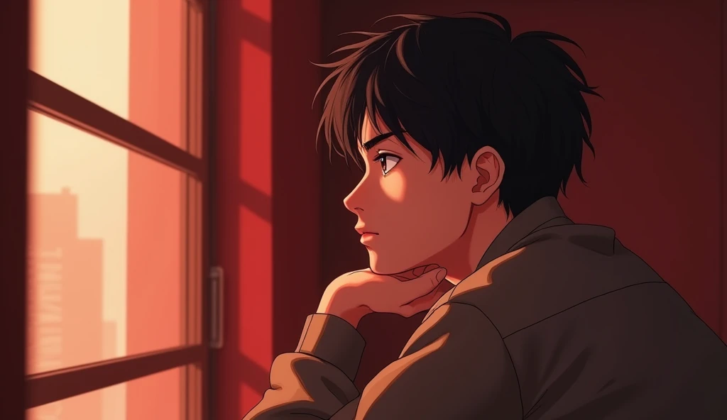 A Japanese male college student wearing fashionable clothes is looking out the window with a calm expression, resting his chin on his hand,Excited, Photo of your face, In a red room, with a natural look, With a slightly tired look, tilt your face a little, Diagonal orientation, Average face