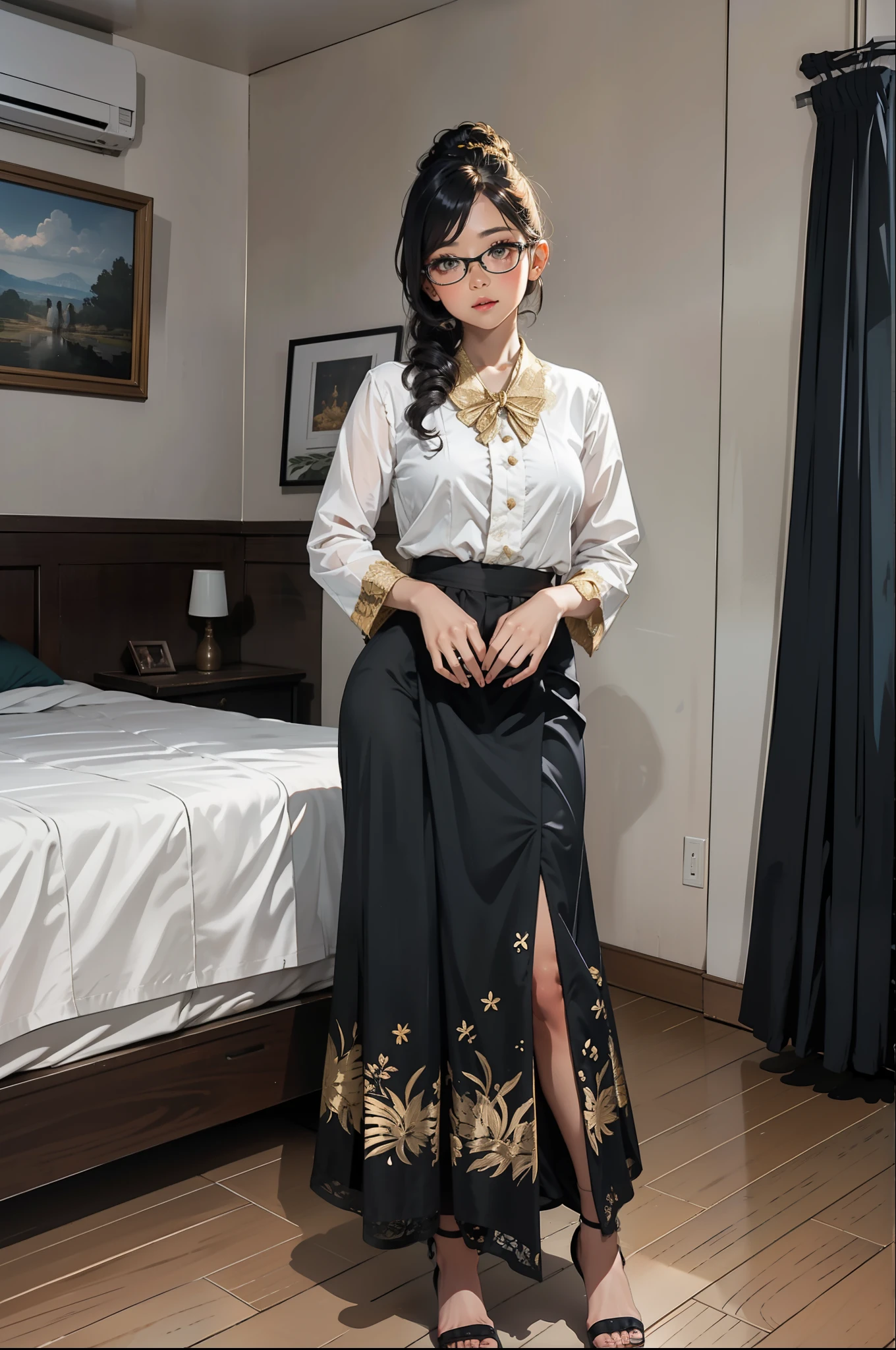 1 girl, golden updo hair, glasses, tall girl, large breast, long legs, wearing traditional white lace kebaya and black tight long skirt, standing, inside bedroom, fullbody shot,, curios face, detail eyes, detail face, blushing, standing on floor, 