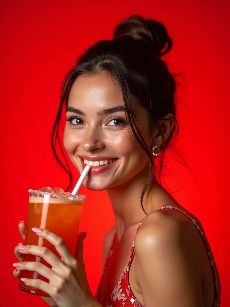 girl+mocktail+red background+smile -upscale