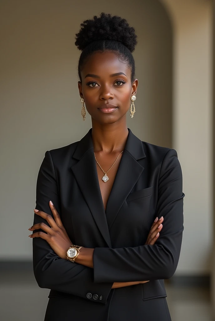 A responsible elegant adult black lady seen from the front
