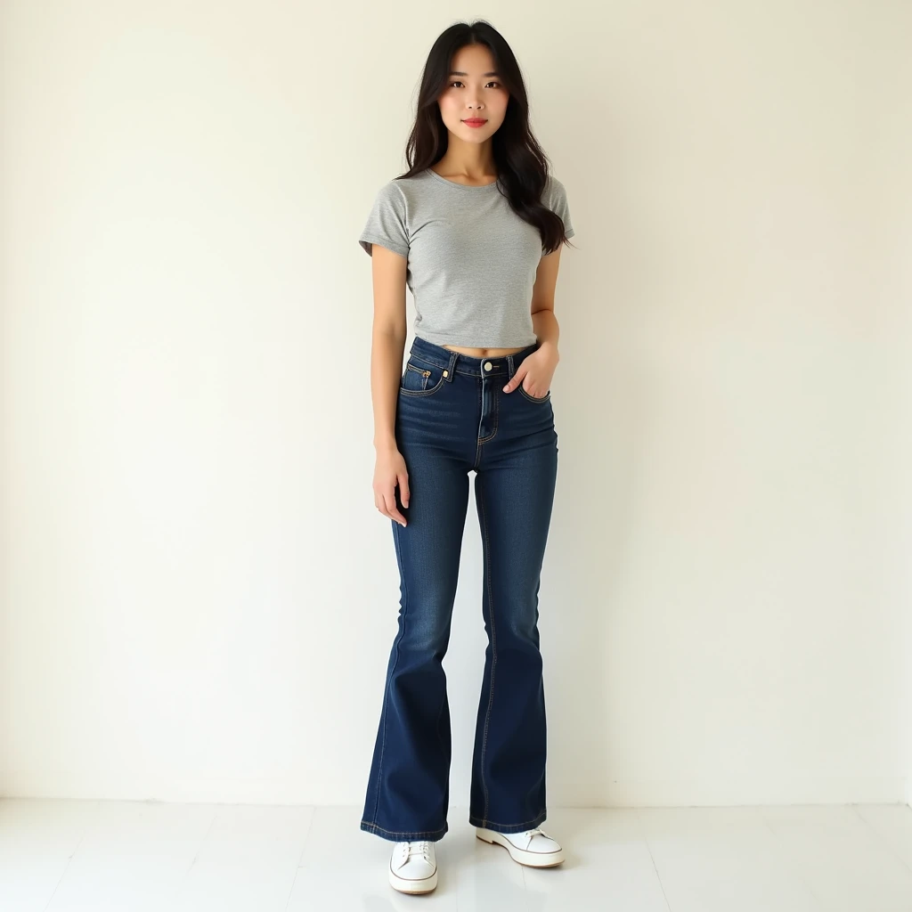 image captured with a Sony α7 III camera, full body shot, hourglass body figure A figure with a narrow, defined waist, balanced proportions between a full bust and rounded hips, creating a smooth, curvy silhouette., young Asian woman early 20's, flared jeans in dark Blue color, fitted waist tee in gray color, standing, white shoes, creamy white background.