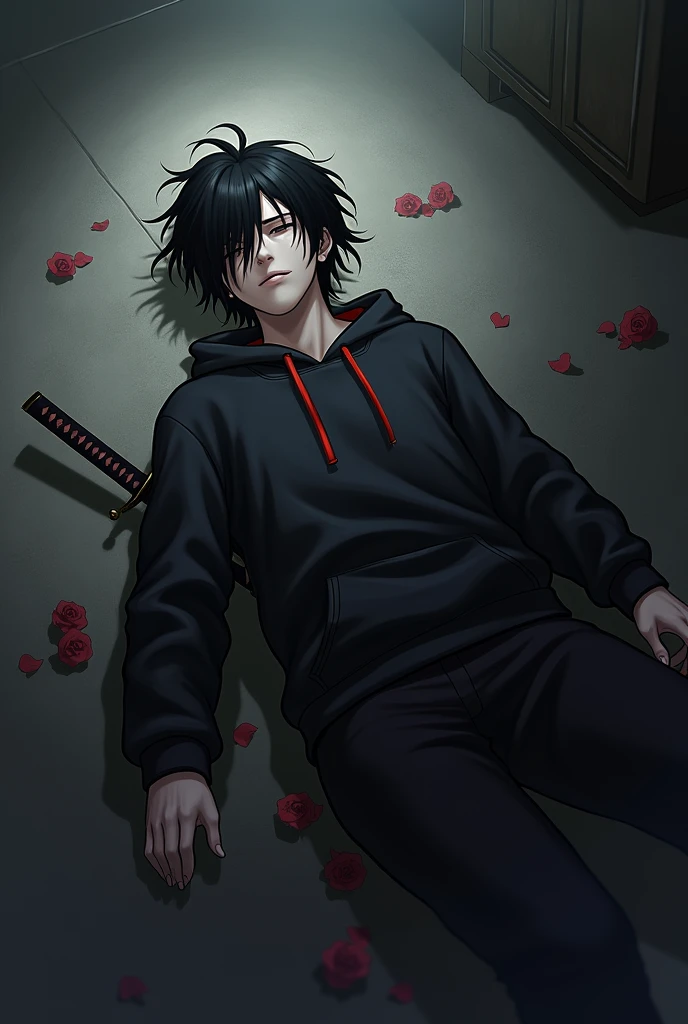 AN unconscious and dying male character with black hair thrown to one side, a black sweatshirt with red details and a katana