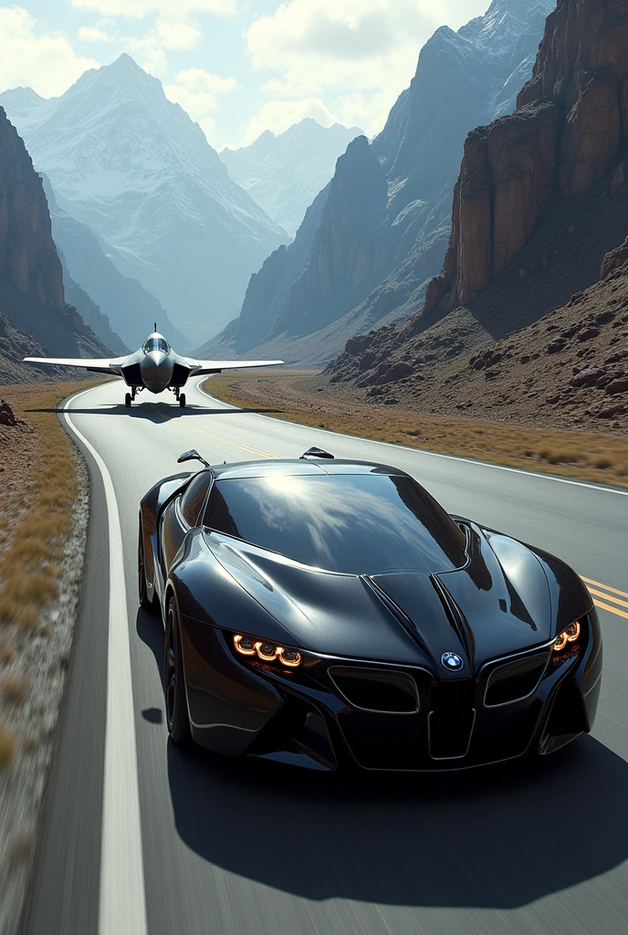 Black bmw+black fighting jet on road