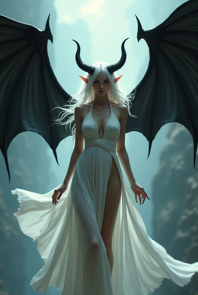 White haired woman with white dress and black wings falling, horned girl, devil horns, elf ears, cleavage, thigh, sexy, wide demonic wings