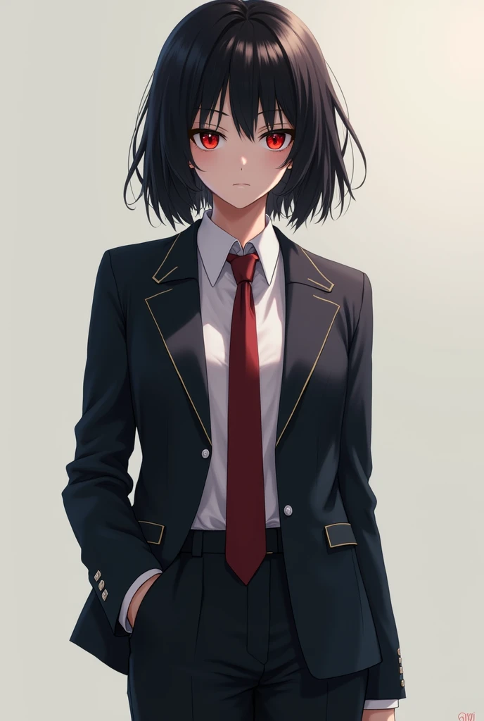 Japanese Asian teen with black hair and red eyes in uniform, but、No skirts and no pink underwear