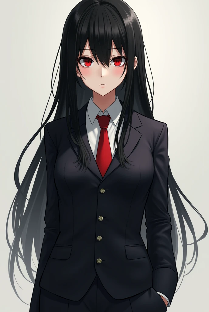 Japanese Asian teen with black hair and red eyes in uniform, but、No skirts and no pink underwear