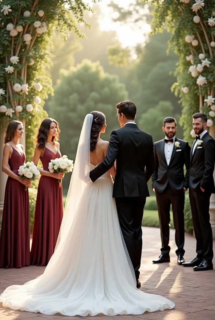bride in white dress, groom in marsala colored suit, groomsmen and bridesmaids in black at the wedding
