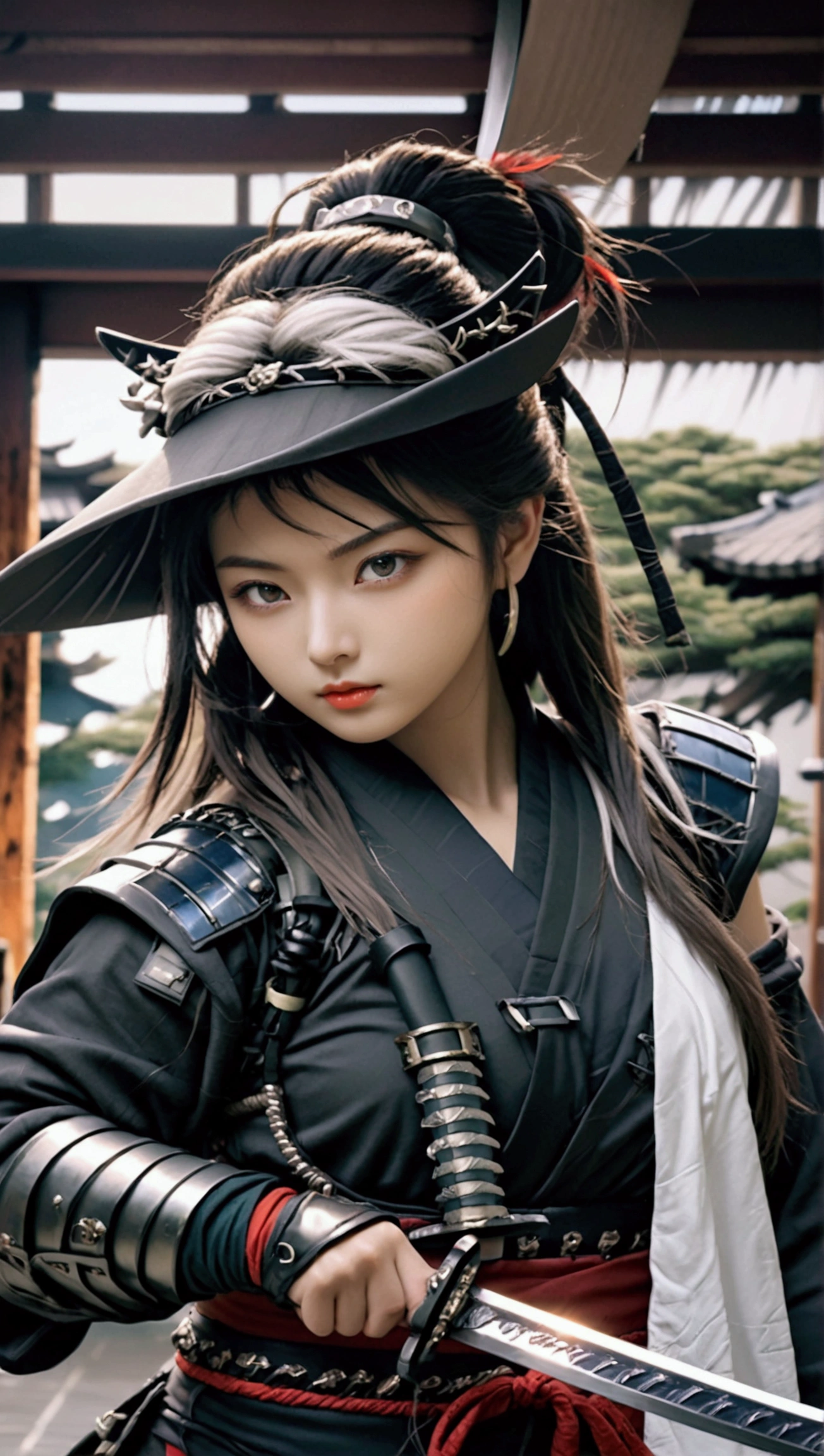 (Japanese sword &reference;Muramasa 2&reference;.2)Two beautiful women、Japanese swordを持った女性、Shinobi Costume、Warrior、Clear Eyes、{Arm tattoo、Warrior、Realistic battle scenes、敵Warriorの返りBlood、Blood、High resolution、Highest quality、Very detailed、8k、background、