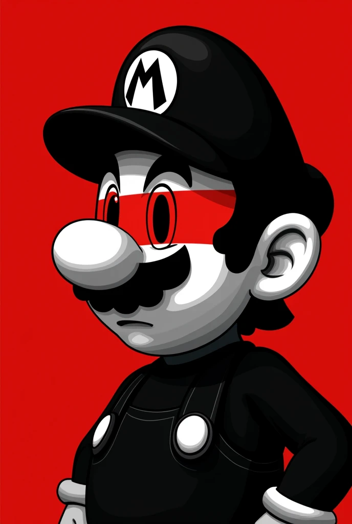 A stylized Art vectoriel portrait of SuperMario with a black and white face, partiellement obscurci par une bande rouge audacieuse sur ses yeux et sa bouche. L'arrière-plan est rouge uni. La figure semble solennelle, Art vectoriel