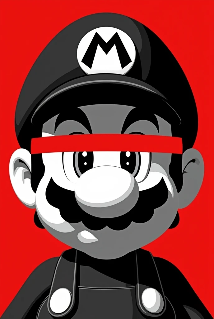 A stylized Art vectoriel portrait of SuperMario with a black and white face, partiellement obscurci par une bande rouge audacieuse sur ses yeux et sa bouche. L'arrière-plan est rouge uni. La figure semble solennelle, Art vectoriel