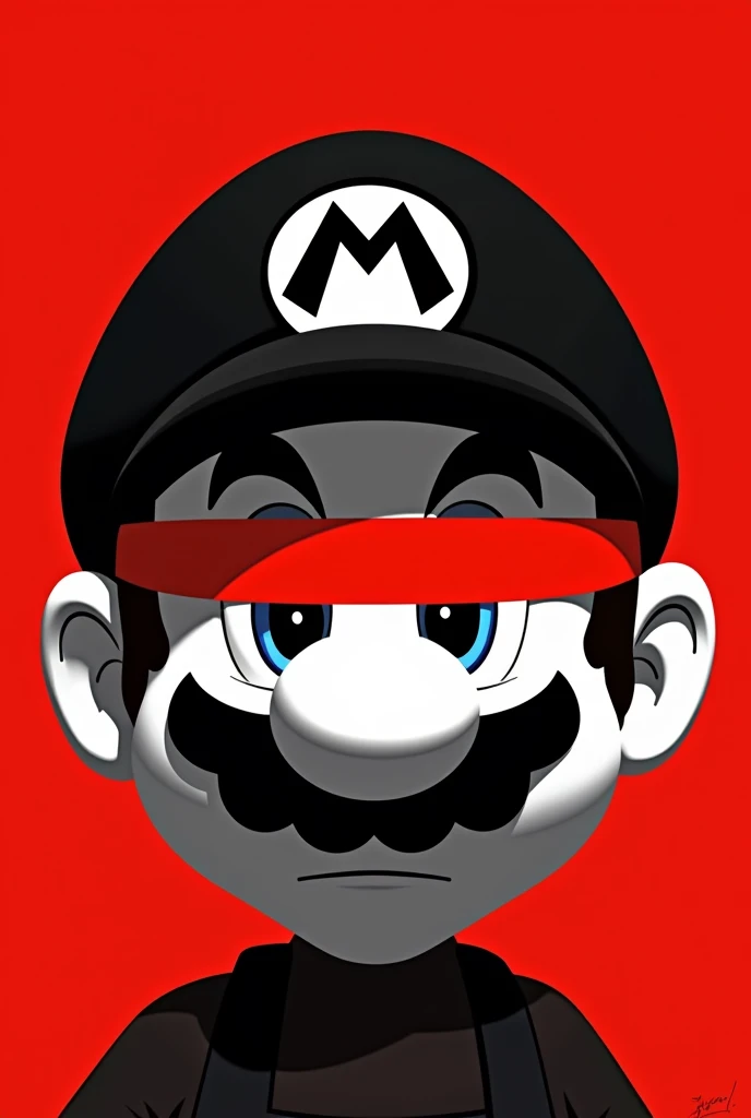 A stylized Art vectoriel portrait of SuperMario with a black and white face, partiellement obscurci par une bande rouge audacieuse sur ses yeux et sa bouche. L'arrière-plan est rouge uni. La figure semble solennelle, Art vectoriel