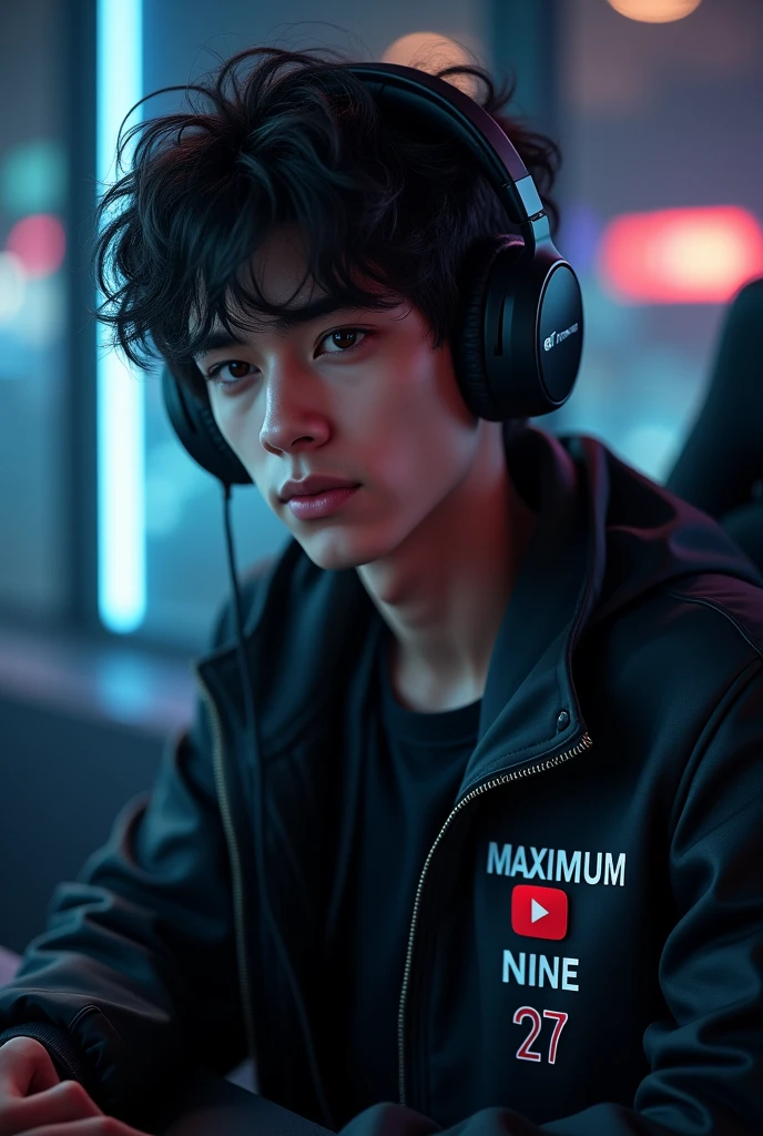 I want a gamer boy with dark hair, headphones, a black jacket and in the middle it says maximum nine 27 with the YouTuber logo