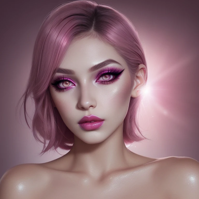 1 girl, , Shot of an eye, perfect eyeliner, long eyelashes, heavy makeup, heavy eyeshadow, pink eyeshadow, smokey effect, pink colour smokey eyeshadow , bright and sparkling eyes, magenta lipstick, glossy lips, back light, soft light, cinematic light