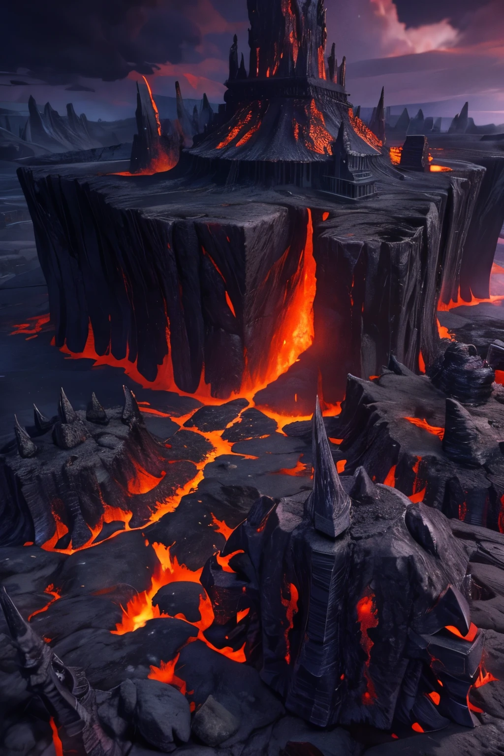 a fearsome dark fortress in the middle of lava and volcanics 4k very detailed details 3d
