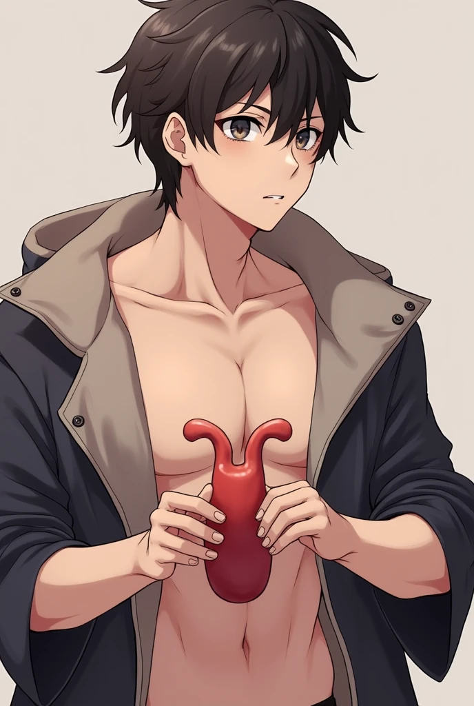 con anime character showing his with nothing on and holding a male organ in his hands