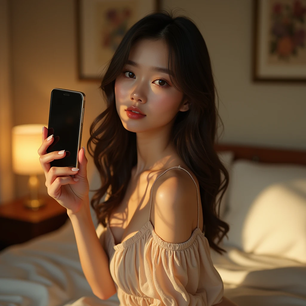 a beautiful girl in a summer dress, detailed face with beautiful eyes and lips, taking a selfie in her bedroom, high quality, photorealistic, realistic lighting, detailed background, warm colors, intricate details, cinematic composition, asian