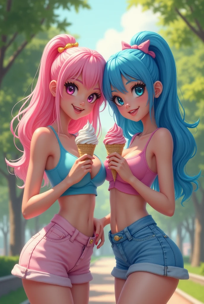 Create two girls having ice cream, one with pink hair and one with blue hair and one with pink eyes and one with blue eyes, white skin with exaggeratedly large busts in a miniskirt and a croptop with large, thick thighs with mega-large butts a little low sitting in the park 