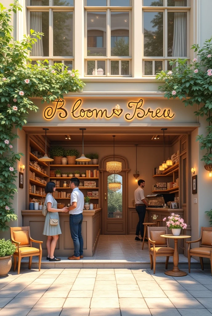 (photorealism:1.2), exterior, modern, beige, large area, morning, café shop, flower shop, book shop, soft lighting, flowers in sides, cozy room, realistic, intricate details, shop name Bloom & Brew Bibliotheca