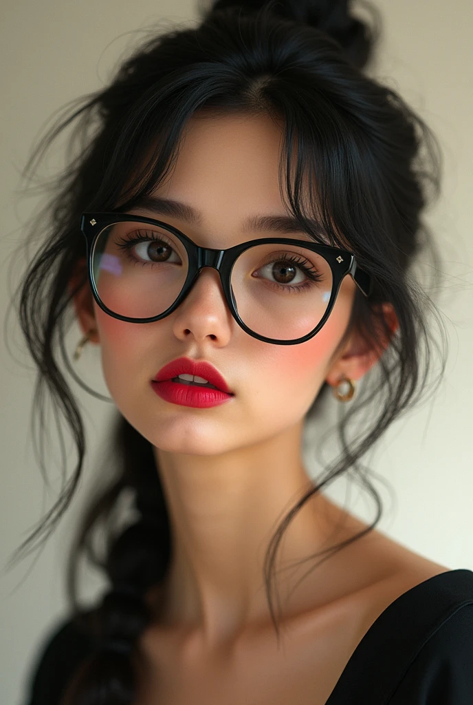A cute woman with small eyes, wearing glasses, a black cloth, and red lips.