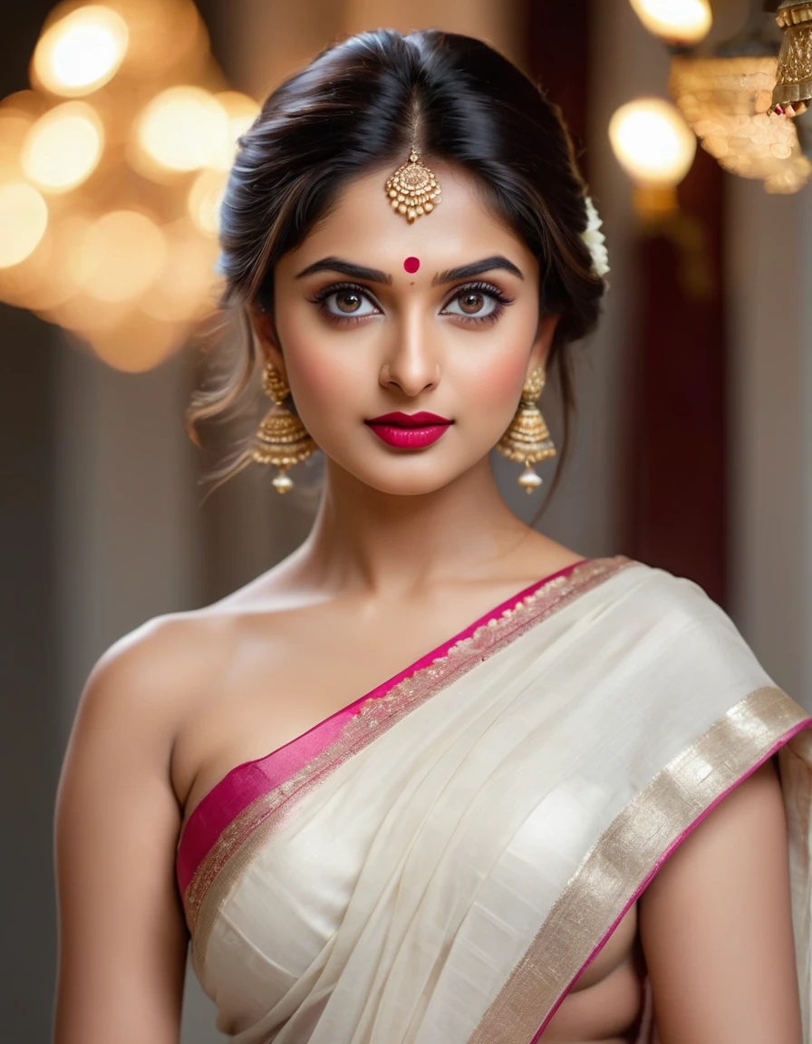 perfect pink eyes, fantastic face, Indian, beautiful look, ((red lips, bright eyes, curve heir 1.5)), not sagging breast), A glorious gorgeous, glorious gorgeous face, pretty face, bright eyes, white saree, updo elegant hair, blurred gray tones background, ultra focus, face illumined, face detailed, 8k resolution, ultra realistic, ((Full Open )), full body, sexy open thin belly, night ambience. so realistic face.((((((Fully nude girl))))))