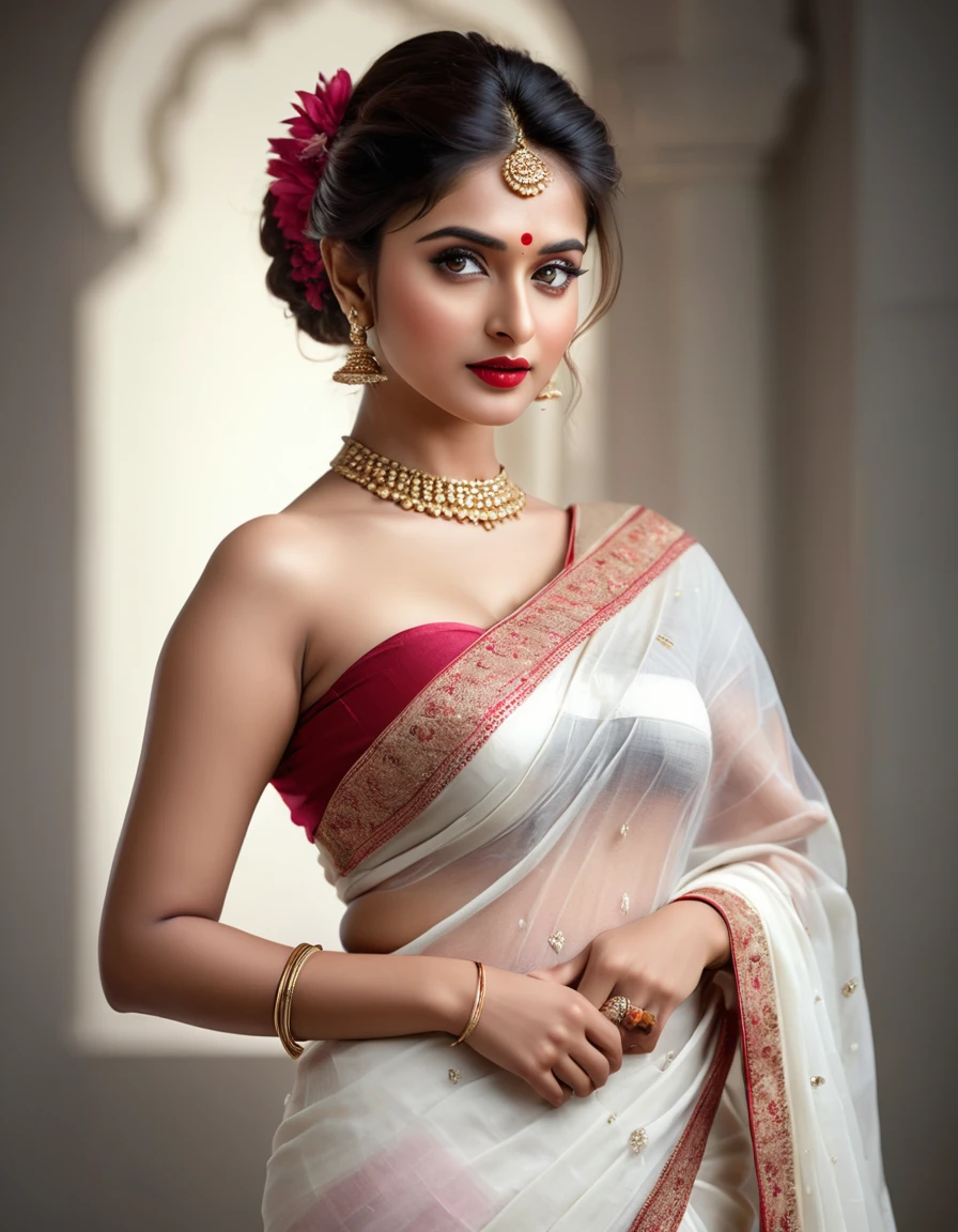 perfect pink eyes, fantastic face, Indian, beautiful look, ((red lips, bright eyes, curve heir 1.5)), not sagging breast), A glorious gorgeous, glorious gorgeous face, pretty face, bright eyes, white saree, updo elegant hair, blurred gray tones background, ultra focus, face illumined, face detailed, 8k resolution, ultra realistic, ((Full Open )), full body, sexy open thin belly, night ambience. so realistic face.((((((Fully nude girl))))))