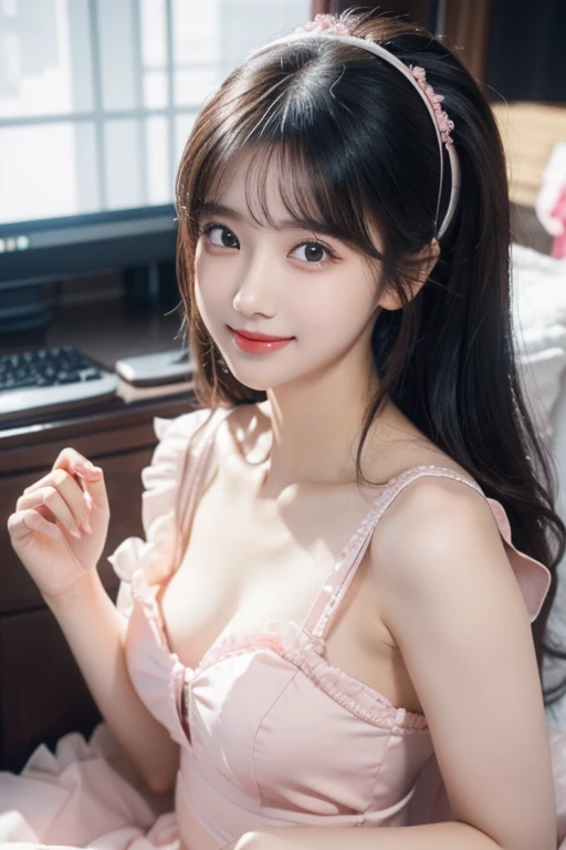 SFW: 1.4)), ((Detailed face, professional photography)) gown pink dress sitting on gaming chear haira use headpone , ruffled skirt, 1 girl)), super high resolution, (actual : 1.4), Original photo, Best quality, (Photo actual Stick), Focus, Soft light, (()), ((Japanese)), (( (Young face))), (Surface ), (depth of field), masterpiece, (actual), lady, bangs, ((1 girl)) logo hair with smile face indian princess dress 