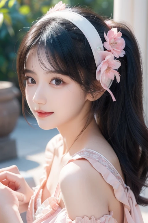 SFW: 1.4)), ((Detailed face, professional photography)) gown pink dress sitting on gaming chear haira use headpone , ruffled skirt, 1 girl)), super high resolution, (actual : 1.4), Original photo, Best quality, (Photo actual Stick), Focus, Soft light, (()), ((Japanese)), (( (Young face))), (Surface ), (depth of field), masterpiece, (actual), lady, bangs, ((1 girl)) logo hair with smile face indian princess dress