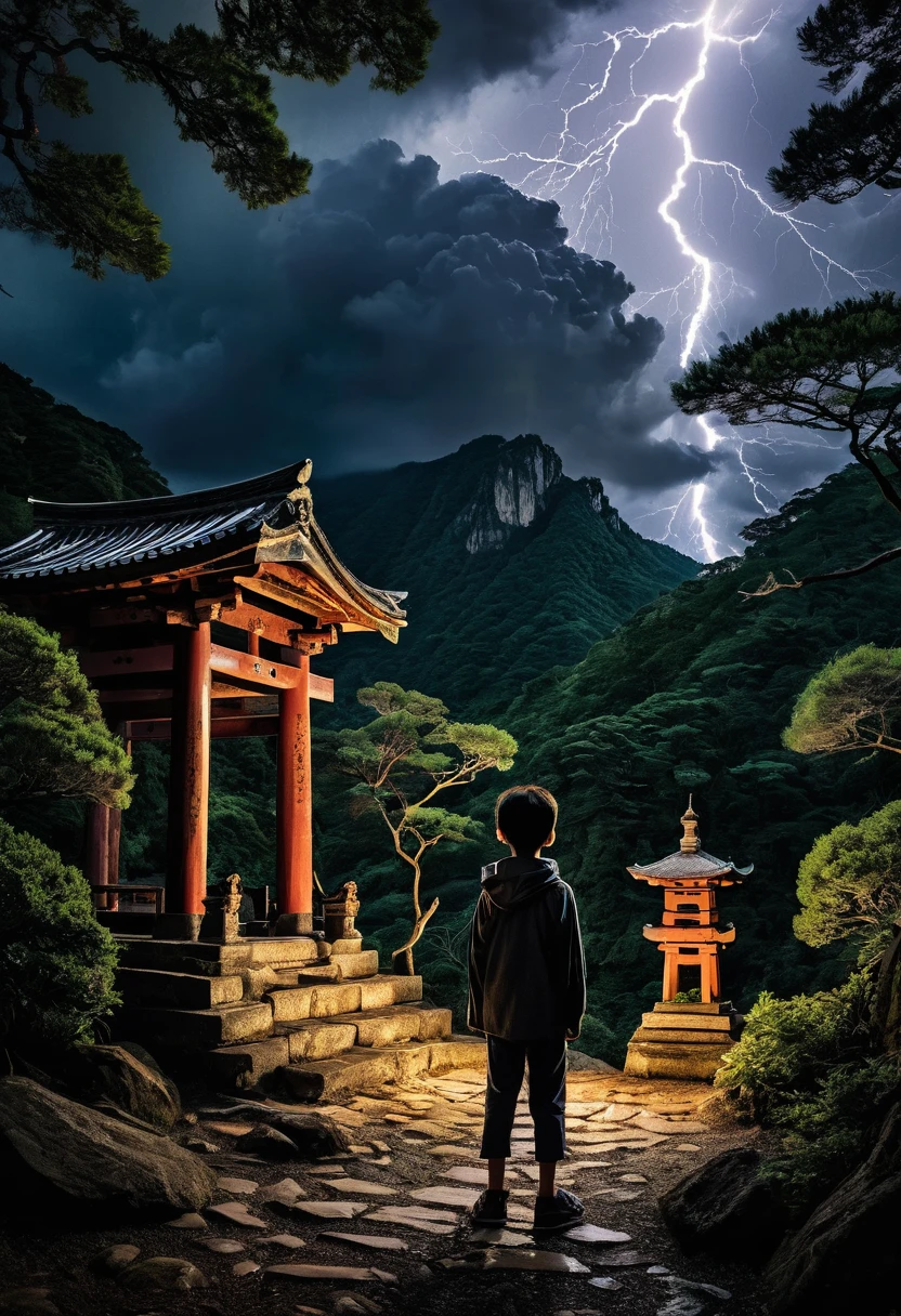 A young boy named Takeru stands in front of an ancient shrine at the edge of a small mountain village. The sky is darkening with storm clouds, and lightning illuminates the scene intermittently. Takeru's face is lit by the eerie glow of a mysterious amulet he has found on the ground. The shrine and surrounding trees are silhouetted against the dramatic sky, with thunder rumbling in the background.