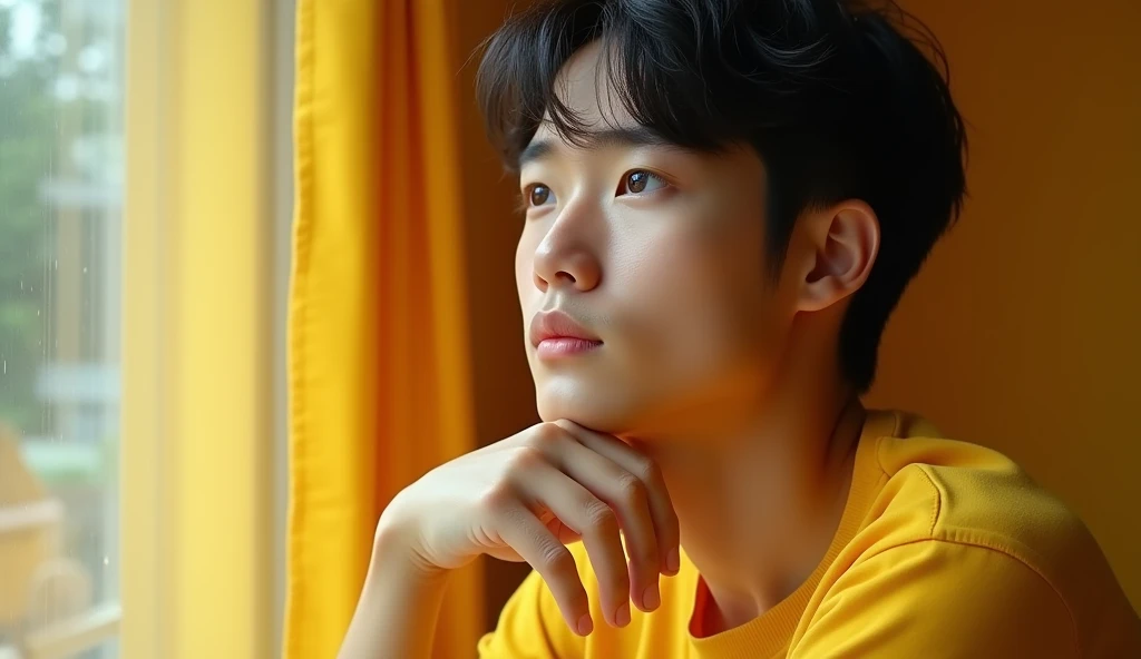 A Japanese male college student wearing fashionable clothes is looking out the window with a calm expression, resting his chin on his hand,Excited, Photo of your face, In the yellow room, with a natural look, With a slightly tired look, tilt your face a little, Diagonal orientation, Average face