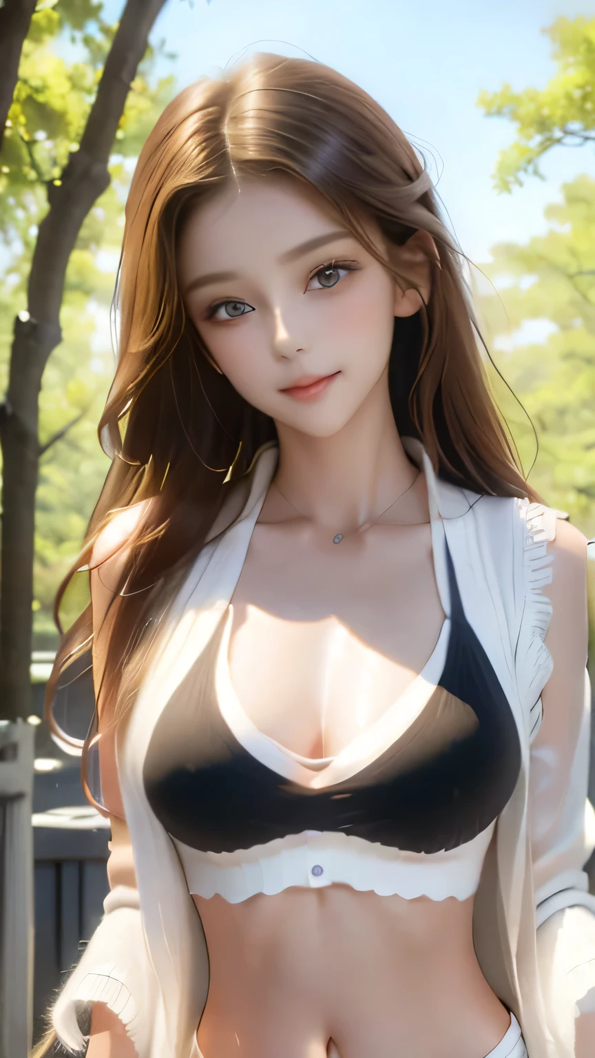 Non-NSFW、Real、(Highest quality), (masterpiece)、Ultra-high resolution、RAW Photos, (upper body), (Tree-lined street:1.5), Fantasy、Looking into the camera、alone、(elemental Sylph:1.1), Beautiful Spirit、Super Beauty, (Mature:1.2), (16years-old:1.2)、Moisturized Skin、Perfect model body、Beautiful Eyes、Big eyes, (brown eyes:1.2)、Inconspicuous tear bags、(slim:1.2)、No bra、Beautiful fingers、Very long hair、highly saturated photos, clavicle, Splash, attractive,skinny, (smile:1.4), no_panties, (Large Breasts:1.2), Nipples, (brown hair), (Waist-length hair:1.5), Small Ass, lips, (white sheer Cardigan over the Sleeveless black tube top:1.6),(denim pants:1.2), (high heels:1.1), (Several sexy poses:1.1)