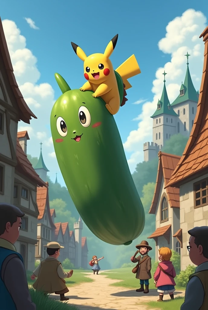 A Pokemon riding a cucumber in the middle ages