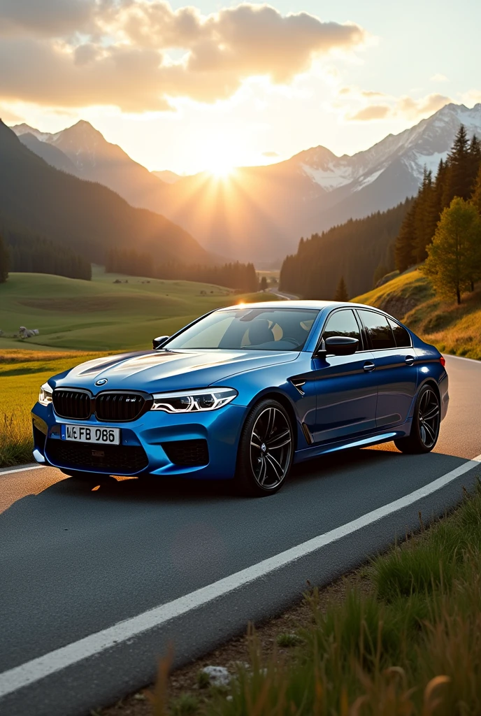 BMW m5, blue color paint, car photography, Country road, European landscape, sunny weather