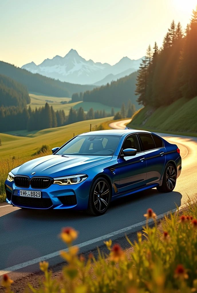 BMW m5, blue color paint, car photography, Country road, European landscape, sunny weather
