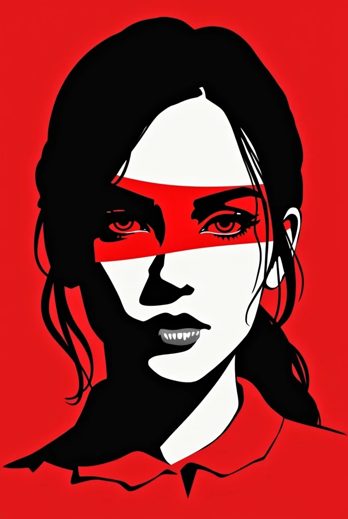A stylized Art vectoriel portrait of Lara Croft with a black and white face, partiellement obscurci par une bande rouge audacieuse sur ses yeux et sa bouche. L'arrière-plan est rouge uni. La figure semble solennelle, Art vectoriel, symmetrical