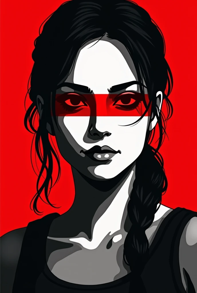 A stylized Art vectoriel portrait of Lara Croft with a black and white face, partiellement obscurci par une bande rouge audacieuse sur ses yeux et sa bouche. L'arrière-plan est rouge uni. La figure semble solennelle, Art vectoriel, symmetrical